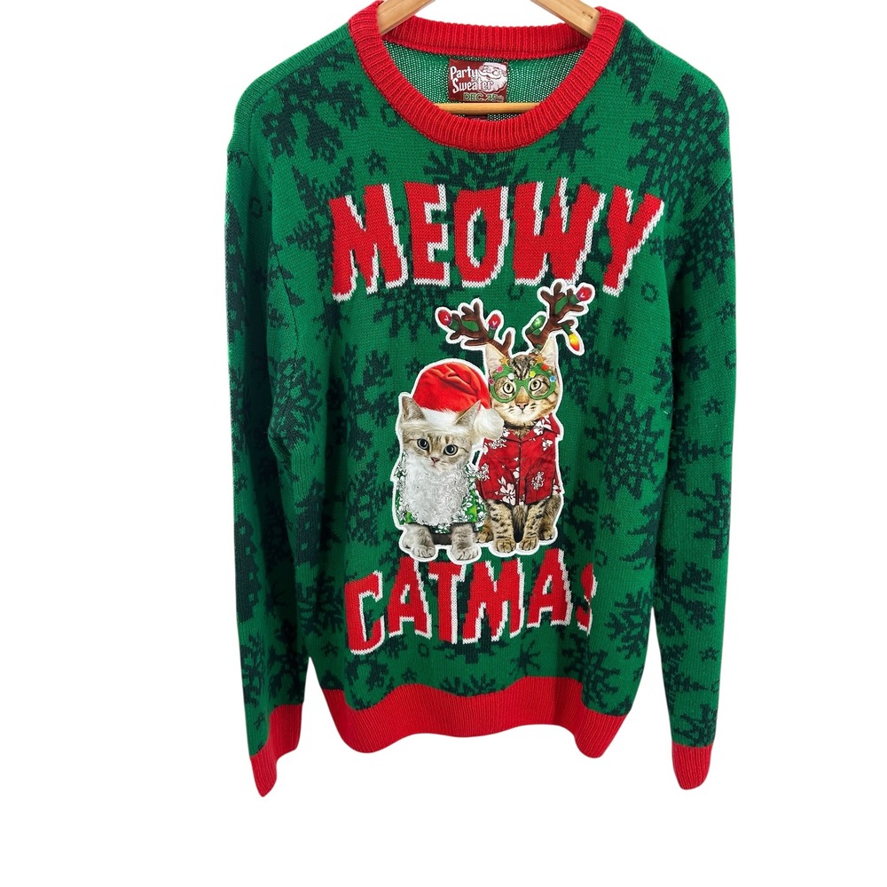 Party Sweater Meowy Catmas‎ Ugly Christmas Sweater Mens Size L Green Red